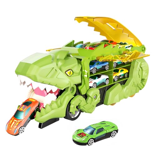 HOPEYHFM Kleinkind Auto Spielzeug für 3 4 5 6 Jahre alte Jungen, Dinosaurier Transport Truck Spielzeugauto für Kinder, 3 in 1 Auswurf Folding Track mit 12 Rennwagen, Verwandelt Sich in Dino (Grün) von HOPEYHFM
