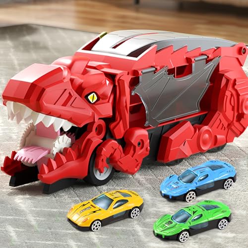 HOPEYHFM Kleinkind Auto Spielzeug für 3 4 5 6 Jahre alte Jungen, Dinosaurier Transport Truck Spielzeugauto für Kinder, 3 in 1 Auswurf Folding Track mit 12 Rennwagen, Verwandelt Sich in Dino (Rot) von HOPEYHFM