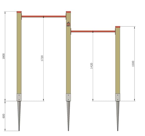 Doppelreck/Turnreck aus Holz Massiv mit 7x7cm Standpfosten und Zwei Reckstangen inkl. Verankerung von HOQ