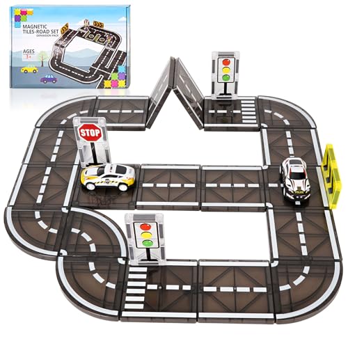 HOSSOM Magnetisches Straßenset für Magnetbausteine | 26-teiliges Verkehrs-Set mit Autos & Schildern | Kompatibel mit Magnetic Tiles | Lernspielzeug ab 3 Jahre für Kindergarten, Schule & Draußen von HOSSOM