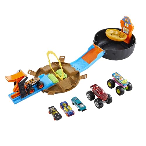 Hot Wheels Monster Trucks Stunt Reifen Spielset, enthält 3 Hot Wheels Monster Trucks und 3 Hot Wheels Fahrzeuge im Maßstab 1:64, Geschenk für Kinder im Alter von 4 bis 8 Jahren, HHY74 von HOT WHEELS TOTAL