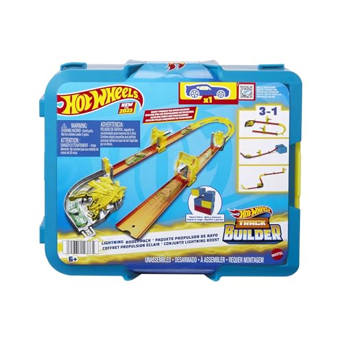 HOT WHEELS Blitz-Starter-Set - Modulare Aufbewahrungsbox mit Track-Bauteilen wie Blitz- und Kurvenbeschleunigern, Flippern und geraden Tracks, inklusive 1 Auto, für Kinder ab 4 Jahren, HMC03 von Hot Wheels