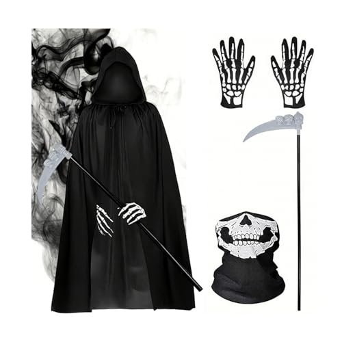 Sensenmann Kostüm Herren und Damen, Halloween Sensenmann Umhänge Erwachsene, Tod Cosplay Kostüm, Reaper Robe Schwarz Umhang für Halloween Karneval, Inklusive Robe & Todessense & Maske & Handschuhen Sensenmann Kostüm Herren und Damen, Halloween Sensenmann Umhänge Erwachsene, Tod Cosplay Kostüm, Reaper Robe Schwarz Umhang für Halloween Karneval, Inklusive Robe & Todessense & Maske & Handschuhen von HOTMNTY
