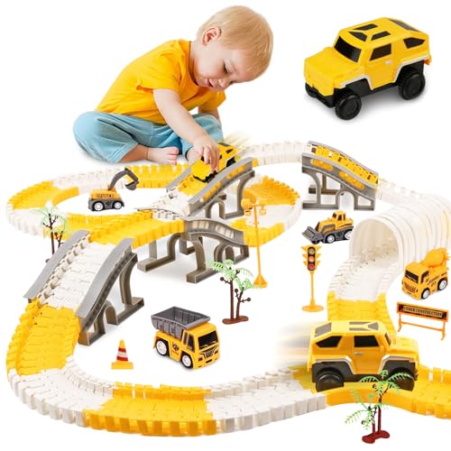 HOTUT Autorennbahn für Kinder, 305 Stück Flexible Rennbahn Spielzeug, Spielzeugautos Autobahn mit Bagger, Walze, Elektroauto und EIN Flexibles DIY-Autorennbahn Spielset ab 3 4 5 6 Jahre Junge Mädchen von HOTUT