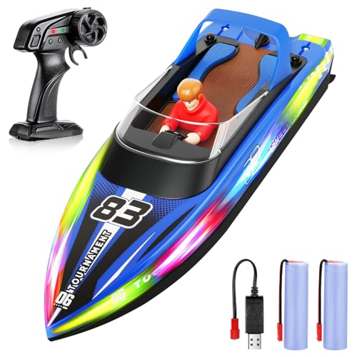 HOTUT Ferngesteuertes Boot, RC Boot mit LED-Licht,15+ km/h Speedboat, 2,4-GHz Rennboote, Speedboat mit Marionette, Einstellbar Speedboot 1200MAH Akku für Kinder und Erwachsene (Blau) von HOTUT