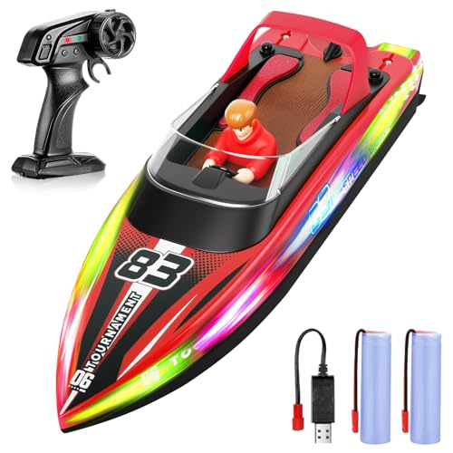 HOTUT Ferngesteuertes Boot, RC Boot mit LED-Licht,15+ km/h Speedboat, 2,4-GHz Rennboote, Speedboat mit Marionette, Einstellbar Speedboot 1200MAH Akku für Kinder und Erwachsene (Rot) von HOTUT