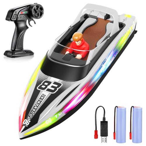 HOTUT Ferngesteuertes Boot, RC Boot mit LED-Licht,15+ km/h Speedboat, 2,4-GHz Rennboote, Speedboat mit Marionette, Einstellbar Speedboot 1200MAH Akku für Kinder und Erwachsene (Weiß) von HOTUT