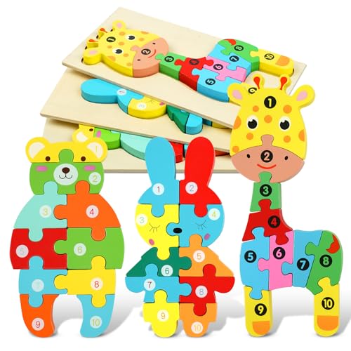 HOTUT Holzpuzzle Spielzeug, 3 Stück Montessori Spielzeug Puzzle, Holzpuzzle ab 1 2 3 Jahren, 3D Kreativ Lernspielzeug für Kinder, Lernendes pädagogisches Baby Puzzle, Geschenk für Jungen Mädchen von HOTUT