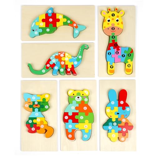 HOTUT Holzpuzzle Spielzeug, 6 Stück Montessori Spielzeug Puzzle, Holzpuzzle ab 1 2 3 Jahren, 3D Kreativ Lernspielzeug für Kinder, Lernendes pädagogisches Baby Puzzle, Geschenk für Jungen Mädchen von HOTUT