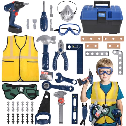 HOTUT Kinder Werkzeug mit Werkzeugkasten, 53 Stück Werkzeugkoffer Kinder mit Bauarbeiterweste, Spielzeugbohrer, Schutzbrille, Werkzeuggürtel, Rollenspiel Spielzeug, Geschenk für Mädchen und Jungen HOTUT Kinder Werkzeug mit Werkzeugkasten, 53 Stück Werkzeugkoffer Kinder mit Bauarbeiterweste, Spielzeugbohrer, Schutzbrille, Werkzeuggürtel, Rollenspiel Spielzeug, Geschenk für Mädchen und Jungen von HOTUT