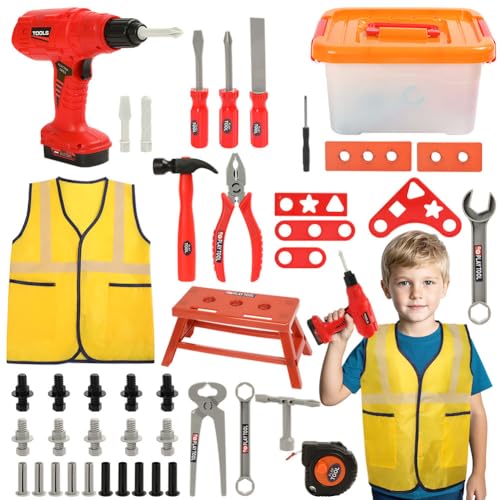 HOTUT Kinder Werkzeug mit Werkzeugkasten, 56 STK Werkzeugkoffer Kinder mit Bauarbeiterweste, Spielzeugbohrer, Tischlerwerkbank, Rollenspiel Spielzeug, Geschenk für Mädchen und Jungen HOTUT Kinder Werkzeug mit Werkzeugkasten, 56 STK Werkzeugkoffer Kinder mit Bauarbeiterweste, Spielzeugbohrer, Tischlerwerkbank, Rollenspiel Spielzeug, Geschenk für Mädchen und Jungen von HOTUT