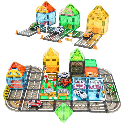 HOTUT Magnetische Bausteine Straßenset, 125 Teile Magnetische Fliesen Stadtstraßen mit Magnetkran, Magnet Spielzeug Kinder Magnetbausteine für Geschenk ab 3 4 5 6 7 8 Jahre Junge Mädchen von HOTUT