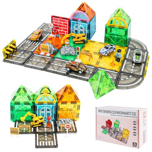 HOTUT Magnetische Bausteine Straßenset, 86 Teile Magnetische Fliesen Stadtstraßen mit Magnetkran, Magnet Spielzeug Kinder Magnetbausteine für Geschenk ab 3 4 5 6 7 8 Jahre Junge Mädchen von HOTUT