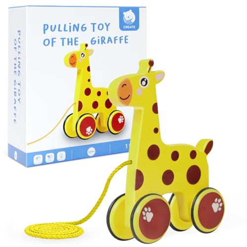 HOTUT Nachziehtiere aus Holz, Nachzieh-Giraffe, Nachziehspielzeug ab 1 Jahr, Süßes Hinterherzieh Tier für Kinder ab 12 Monaten, Baby Holz Hinterherziehen Spielzeug Geburtstagsgeschenk von HOTUT