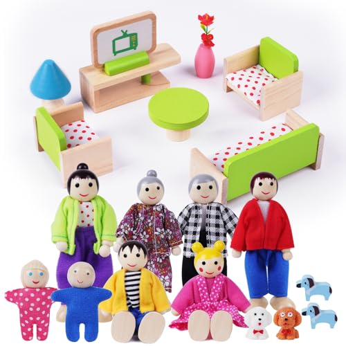 HOTUT Puppenhaus Möbelset,20 Stück Puppenhaus Möbel Holz Set mit 8 Puppenfamilien Set,Mini Puppenhaus Möbel für Kinder Spiel Geschenk von HOTUT