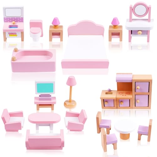 HOTUT Puppenhaus Möbelset,22 Stück Puppenhaus Möbel Holz Set, Mini Puppenhaus Möbel mit Schlafzimmer,Badezimmer,Wohnzimmer, Küchenmöbel,Kinder Spiel Geschenk ab 3 Jahren von HOTUT