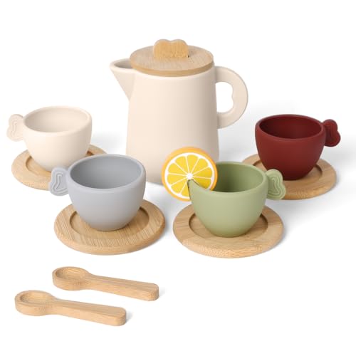 HOTUT Teeservice Kinder aus Holz Silikon,13 Stück Kindergeschirr Teeservice Set, Silikon Spielküche Zubehör,Kinderküche Holzspielzeug,Teeparty Spielküche Rollenspiele Geschenk für Mädchen und Jungen HOTUT Teeservice Kinder aus Holz Silikon,13 Stück Kindergeschirr Teeservice Set, Silikon Spielküche Zubehör,Kinderküche Holzspielzeug,Teeparty Spielküche Rollenspiele Geschenk für Mädchen und Jungen von HOTUT