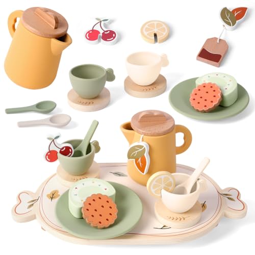HOTUT Teeservice Kinder aus Holz Silikon,14 Stück Kindergeschirr Teeservice Set, Silikon Spielküche Zubehör,Kinderküche Holzspielzeug,Teeparty Spielküche Rollenspiele Geschenk für Mädchen und Jungen HOTUT Teeservice Kinder aus Holz Silikon,14 Stück Kindergeschirr Teeservice Set, Silikon Spielküche Zubehör,Kinderküche Holzspielzeug,Teeparty Spielküche Rollenspiele Geschenk für Mädchen und Jungen von HOTUT