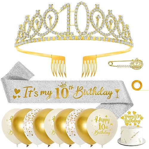 10. Geburtstag Schärpe und Tiara, 10. Geburtstag Mädchen, Gold Kristall Tiara Krone Birthday Silber Schärpe Luftballons Tortendeko Party Zubehör für 10. Mädchen Geburtstagsgeschenk Geburtstag Deko von HOUSTAR
