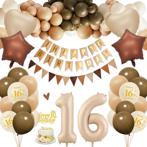 16. Geburtstagdeko Junge Mädchen, 16 Jahre Braun Beige Ballon Arch Kit mit Happy Birthday Banner, Cake Topper, Geburtstag Zahlen Luftballon 16 Jahre, Folienballon, Party Deko für Geburtstag 16. Geburtstagdeko Junge Mädchen, 16 Jahre Braun Beige Ballon Arch Kit mit Happy Birthday Banner, Cake Topper, Geburtstag Zahlen Luftballon 16 Jahre, Folienballon, Party Deko für Geburtstag von HOUSTAR