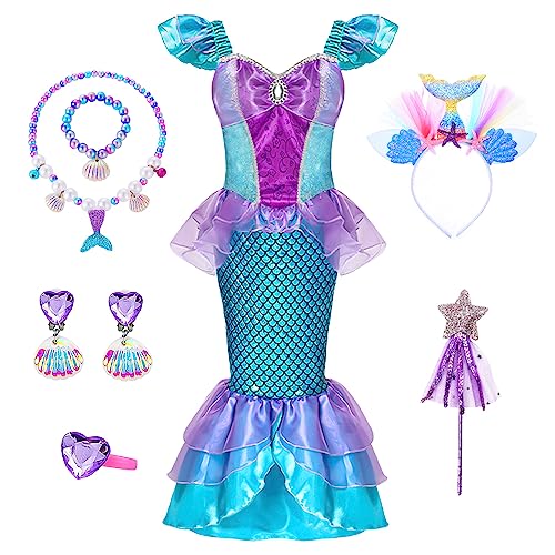 HOUSTAR Meerjungfrau Kostüm Mädchen, Prinzessin Arielle Kostüm Kleid mit Meerjungfrau Zubehör, Arielle Kostüm Kinder Geschenke für Mädchen, Meerjungfrau Kleid für Cosplay Karneval Party (110) (110) von HOUSTAR