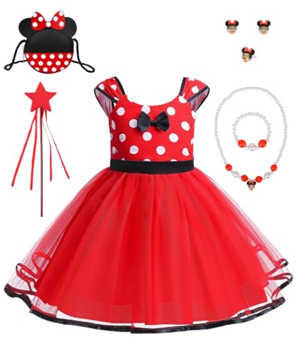 HOUSTAR Prinzessin Kleid Mädchen, Mädchen Kleid, Gepunktet Kleid Kleinkind mit Mausohren Tasche, Stirnband und Halskette, Tütü Prinzessin Kleid für Kinder Geburtstag Cosplay Halloween Karneval Kostüm von HOUSTAR