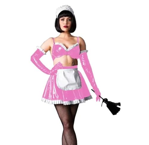 HOUXINQWWP Cosplay-Kostüm, Oberteil, Röcke mit Handschuhen, PVC-Leder, Größe S-7XL, Rosa, Größe M von HOUXINQWWP