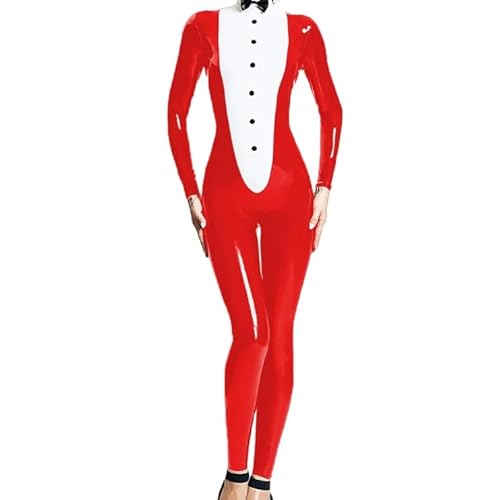 HOUXINQWWP Cosplay-Smoking-Overall mit Schleife, glänzendes PVC-Leder, langärmeliger Catsuit für Halloween-Kostüme, L, Rot von HOUXINQWWP