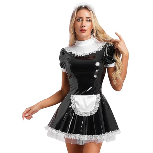 HOUXINQWWP Damen Lackleder Dienstmädchen Uniform Ausgestelltes Cosplay Kleid mit Stirnband Rüschen Schürze Puffärmel A-Linie Kleid, Schwarz A, 4XL HOUXINQWWP Damen Lackleder Dienstmädchen Uniform Ausgestelltes Cosplay Kleid mit Stirnband Rüschen Schürze Puffärmel A-Linie Kleid, Schwarz A, 4XL von HOUXINQWWP