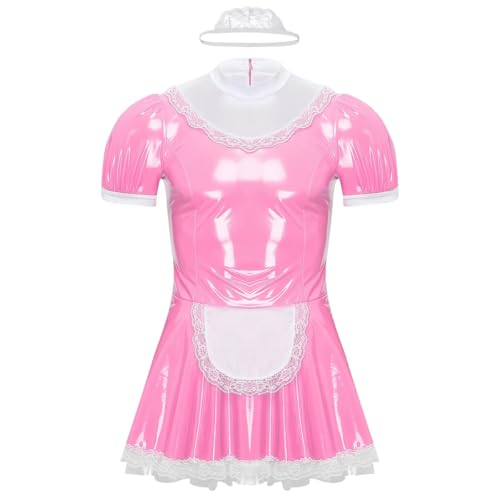 HOUXINQWWP Herren Lackleder Französisch Mädchen Cosplay Kleid mit Spitze Stirnband Rüschen Spitze Schürze Puffärmel A-Linie Clubkleid, new pink, 4XL von HOUXINQWWP