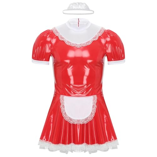 HOUXINQWWP Herren Lackleder Französisch Mädchen Cosplay Kleid mit Spitze Stirnband Rüschen Spitze Schürze Puffärmel A-Linie Clubkleid, rot red, XXL HOUXINQWWP Herren Lackleder Französisch Mädchen Cosplay Kleid mit Spitze Stirnband Rüschen Spitze Schürze Puffärmel A-Linie Clubkleid, rot red, XXL von HOUXINQWWP