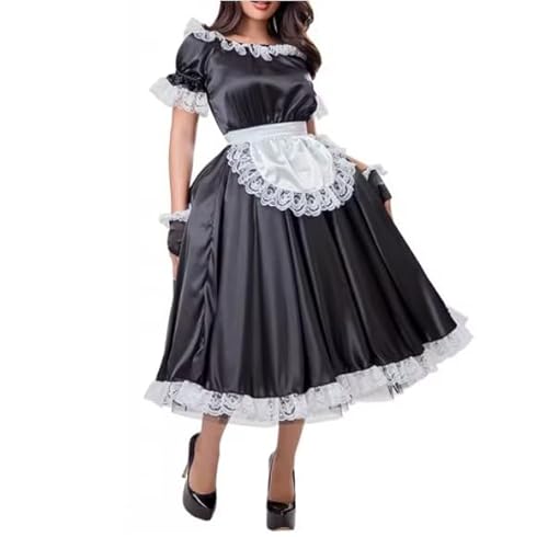 HOUXINQWWP Langes Kleid Spitze Rüschen Crossdress mit Schürze Cosplay S-7XL, Schwarz , 3XL von HOUXINQWWP