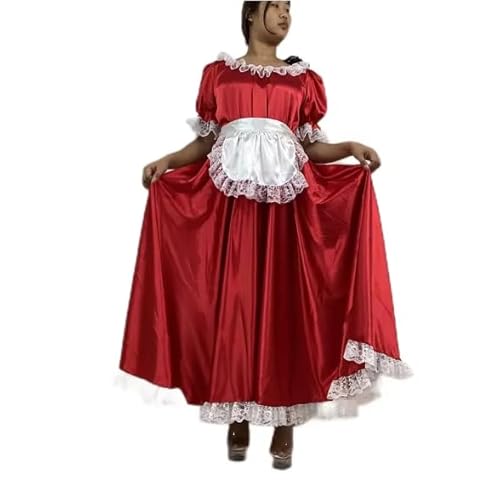 HOUXINQWWP Langes Kleid Spitze Rüschen Crossdress mit Schürze Cosplay S-7XL, rot, S HOUXINQWWP Langes Kleid Spitze Rüschen Crossdress mit Schürze Cosplay S-7XL, rot, S von HOUXINQWWP