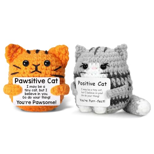 HOVCEH Emotional Support Kuscheltier, 2 Stück Positive Katze mit Inspirierender Karte, Pocket Hug Gehäkelte Kuscheltiere, Emotional Support Plush Trost Geschenke für Freunde und Eltern von HOVCEH