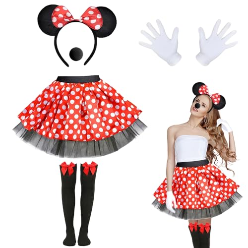 HOVCEH Minnie-Maus-Kostüm für Erwachsene für Mädchen und Frauen, 6-teilig, niedliches Kostüm-Set, Minnie Maus Ohr + roter Tutu-Rock + Nase + Fliege + Handschuhe + Socken für Halloween, Weihnachten HOVCEH Minnie-Maus-Kostüm für Erwachsene für Mädchen und Frauen, 6-teilig, niedliches Kostüm-Set, Minnie Maus Ohr + roter Tutu-Rock + Nase + Fliege + Handschuhe + Socken für Halloween, Weihnachten von HOVCEH