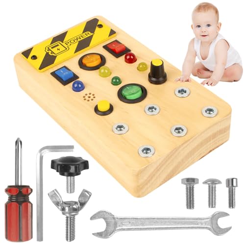 HOVCEH Montessori Busy Board Activity Board Ab 1 Jahr, Motorik Tafel mit 8 Led, Sensorisches Lernspielzeug, Lichtschalterspielzeug und Schraubendreher Tools für Babys und Kleinkinder von HOVCEH