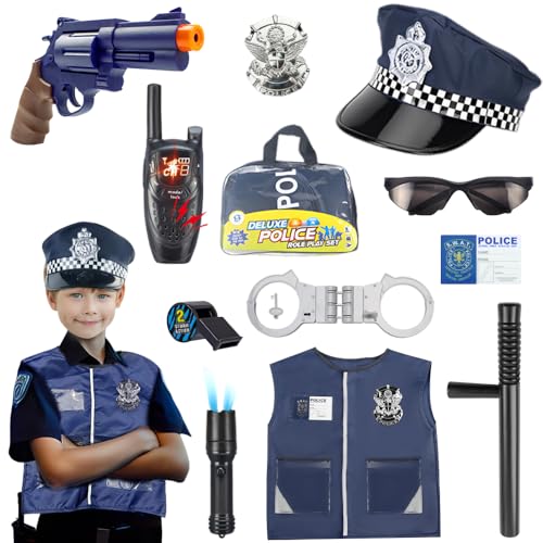 HOVCEH Polizei-Kostüm für Kinder, Polizei-Set mit Polizisten, Weste, Hut, Handschellen, Schlagstock und Kostümzubehör, Offizier, Rollenspiel für Halloween, Kostümparty, 12-teilig von HOVCEH