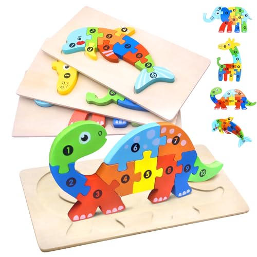 HOVIBU Holzpuzzle für Kleinkinder von 1-3 Jahren, Montessori Spielzeug ab 1 Jahr, Lernendes Pädagogisches Holzpuzzle-Spielzeug, Geschenk für 1 2 3 jährige Jungen und Mädchen - 4er-Pack von HOVIBU