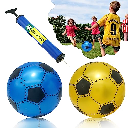 HOVUK® Aufblasbare PVC-Fußballbälle mit aufblasbarer Handpumpe in blau und gelben Farben, Spielplatz-Spiele für Kinder, geeignet für drinnen und draußen, 3 Stück von HOVUK