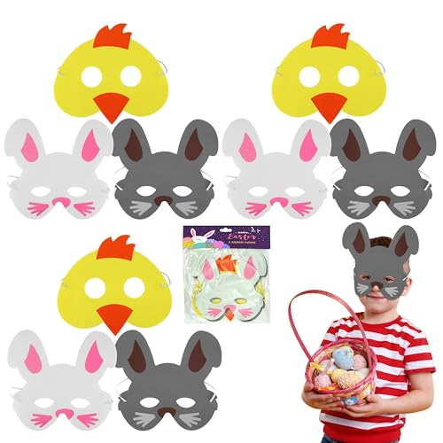 HOVUK 9 Stück Eva-Ostermasken und Halloween-Party-Kinder-Schaumstoff-Gesichtsmaske, Kostüm-Requisiten, Oster-Küken-Hasen-Masken für Ostern von HOVUK