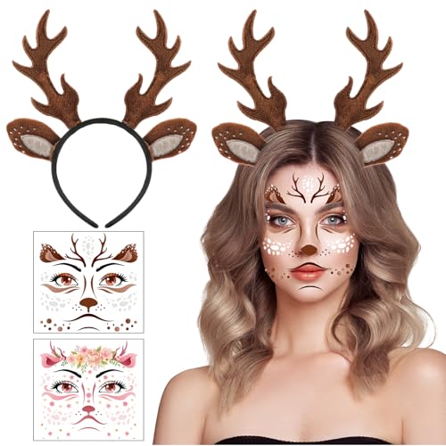 HOWAF Reh Haarreif & 4 Gesichtstattoo, Hirschgeweih Rentier für Kostüm, Weihnachten, Halloween, Karneval Fasching, Braun von HOWAF