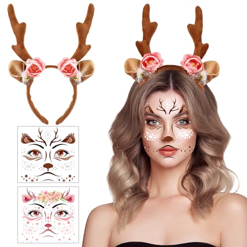 HOWAF 1 Haarreif REH Damen & 4 Gesichtstattoo REH Face Tattoo REH, REH Geweih Haarreif, Hirschgeweih Haarreif Rentier Haarreif für REH Kostüm, Weihnachten, Halloween, Karneval Fasching Kostüm, Blumen HOWAF 1 Haarreif REH Damen & 4 Gesichtstattoo REH Face Tattoo REH, REH Geweih Haarreif, Hirschgeweih Haarreif Rentier Haarreif für REH Kostüm, Weihnachten, Halloween, Karneval Fasching Kostüm, Blumen von HOWAF