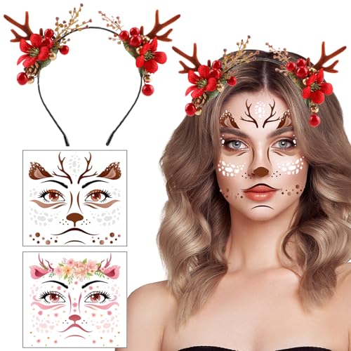 HOWAF 1 Rentier Haarreif & 4 Gesichtstattoo Rentier Face Tattoo REH, REH Geweih Haarreif, Hirschgeweih Haarreif REH, Haarreif Weihnachten für Weihnachten REH Kostüm, Karneval Fasching Kostüm (A) von HOWAF