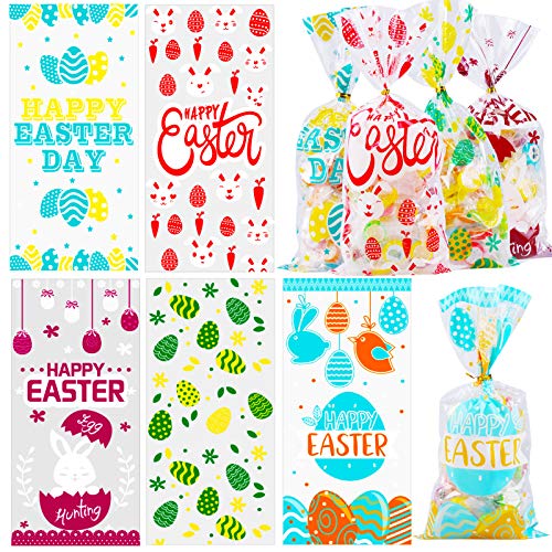 HOWAF 100pcs Ostern Partytüten, Ostern Cellophan Tüten, Ostern Süßigkeiten Süßes Tüten, Ostern Keks Plätzchen Tüten, Hase Karotte Osterei Tüten für Kinder Ostern Geschenktüten Gastgeschenke von HOWAF