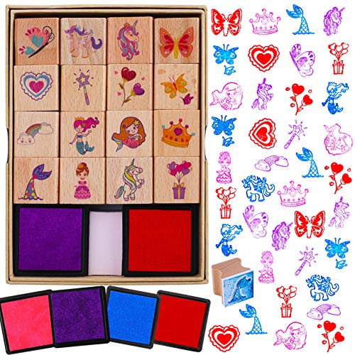 HOWAF 16pcs Hölzern Stempel für Kinder Mädchen Basteln mit Stempelkissen 4pcs, Einhorn Meerjungfrau Prinzessin Herz Regenbogen Schmetterling Stempel für Mädchen DIY Karte Scrapbooking Gastgeschenke von HOWAF