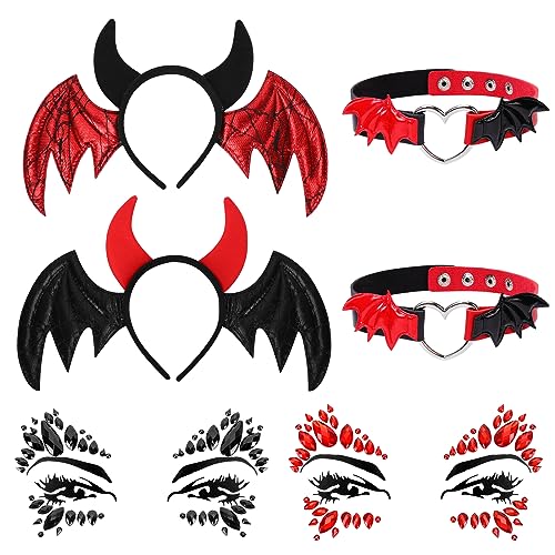 HOWAF 2 Halloween Teufel Kostüm, Teufel Ohren Haarreif Teufelshörner Teufelsohren Haarreif Halloween Haarreif Engelsflügel Halskette Halloween Tattoo Glitzersteine Gesicht für Karneval Fasching Kostüm von HOWAF