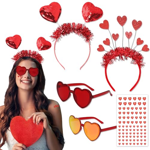 HOWAF 2 Herz Haarreif Rot Amor Haarreif Glitzer Herz Haarband Valentinstag Hair Hoop, 2 Herz Brille Herz Sonnenbrille Herzen Aufkleber, Amor Kostüm Valentinstag Fasching Kostüm Karneval Party Costume von HOWAF