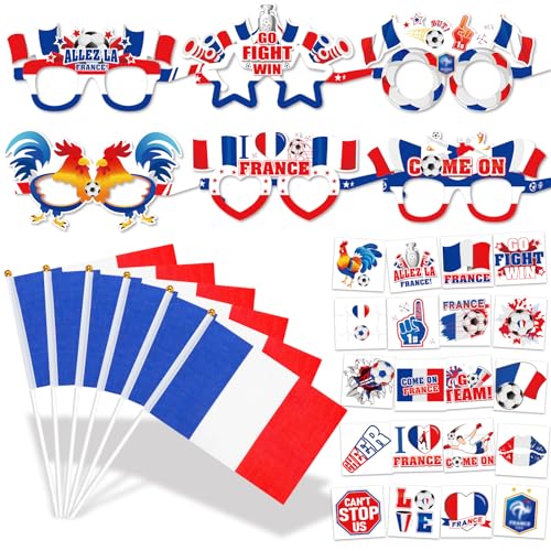 HOWAF 2024 Fu?Ball EM Deko, 12 STK 2024 Fu?Ball EM Partybrille Frankreich EM Fu?Ball 2024 Papierbrille, 12 Frankreich Flagge, 20 Tempor?re Tattoos Frankreich EM Fu?Ball Europameisterschaft 2024 von HOWAF