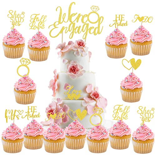 HOWAF 25 STK We're Engaged Cake Topper, Gold Verlobung Deko, Tortendeko Cupcake Toppers, Mr Mrs Cake Topper, Hochzeit Geschenk, Kuchendekoration für Hochzeitsdeko von HOWAF