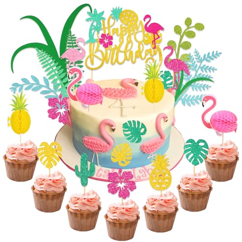 HOWAF 26 Stück Happy Birthday Tortendeko, Hawaii Aloha Flamingo Ananas Happy Birthday Cake Topper Geburtstag für Hawaii Deko Tropical Luau Sommer Beach Party Kuchen Deko Geburtstag Cake Decoration von HOWAF